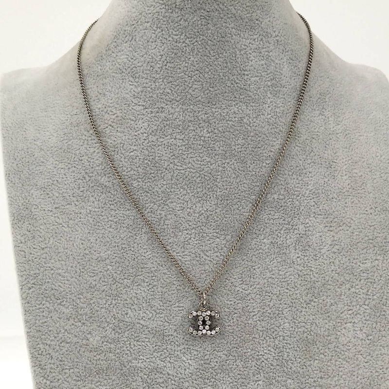 Chanel Necklace Coco Rhinestone Silver Plated 09V