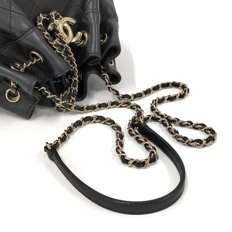 Chanel Matelasse Drawstring Chain Shoulder Bag Coco Mark Lambskin Leather Black