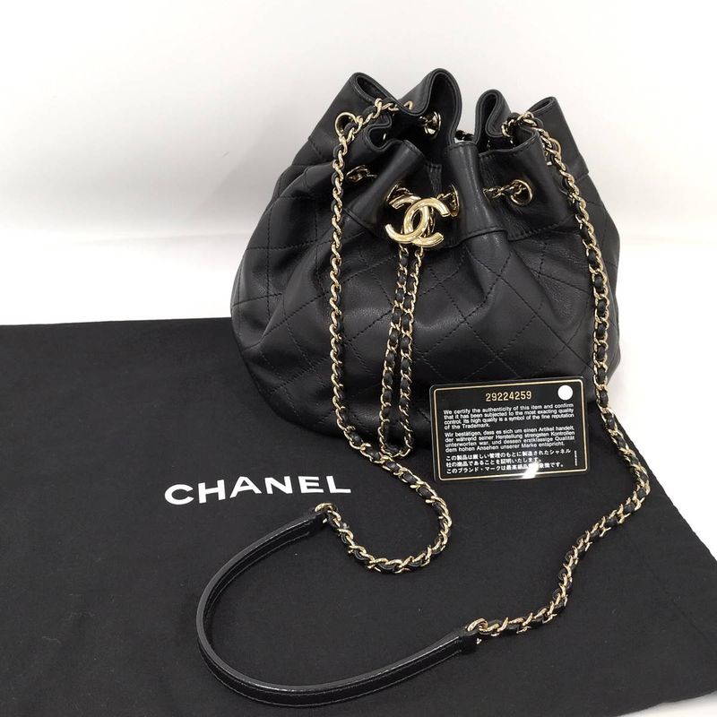 Chanel Matelasse Drawstring Chain Shoulder Bag Coco Mark Lambskin Leather Black