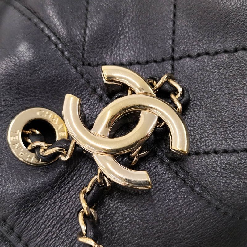 Chanel Matelasse Drawstring Chain Shoulder Bag Coco Mark Lambskin Leather Black