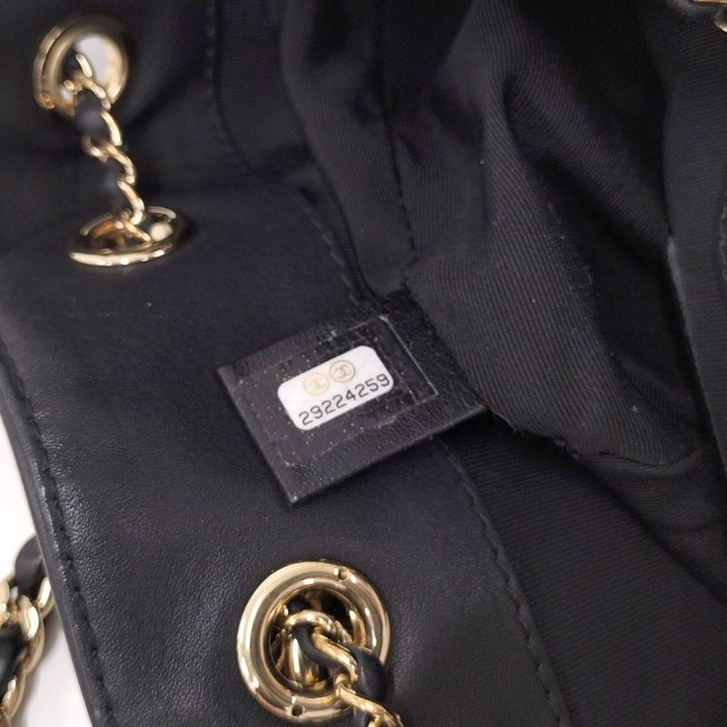 Chanel Matelasse Drawstring Chain Shoulder Bag Coco Mark Lambskin Leather Black