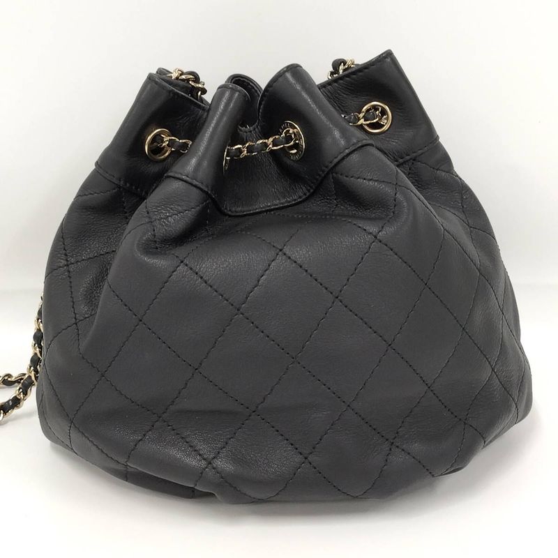 Chanel Matelasse Drawstring Chain Shoulder Bag Coco Mark Lambskin Leather Black
