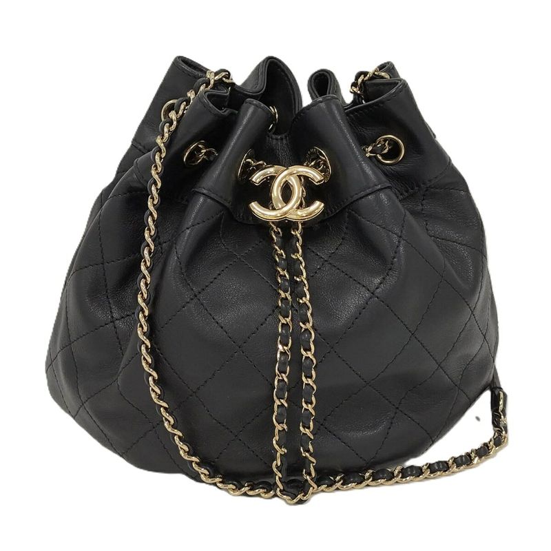 Chanel Matelasse Drawstring Chain Shoulder Bag Coco Mark Lambskin Leather Black