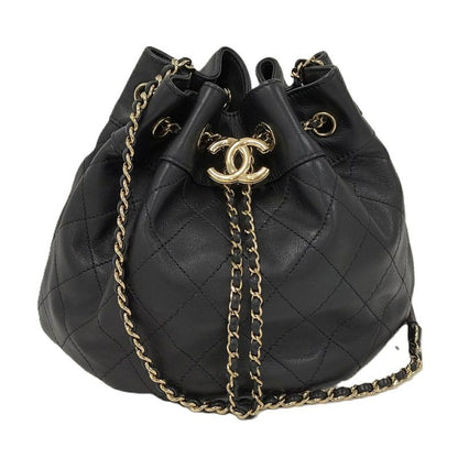 Chanel Matelasse Drawstring Chain Shoulder Bag Coco Mark Lambskin Leather Black