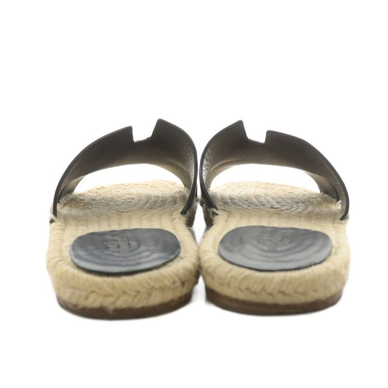 Hermes Antigua Sandals Espadrille Leather 41 Beige Black 201485zh AN4 AA