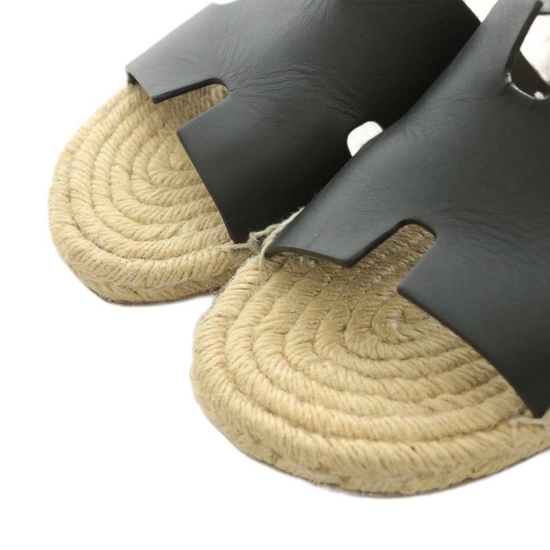 Hermes Antigua Sandals Espadrille Leather 41 Beige Black 201485zh AN4 AA