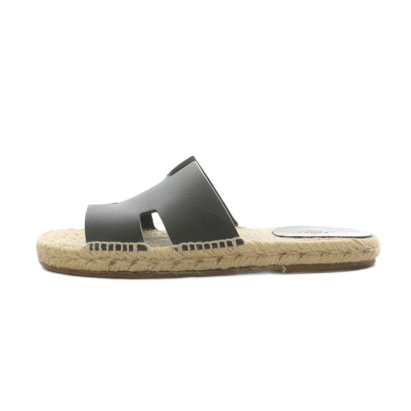 Hermes Antigua Sandals Espadrille Leather 41 Beige Black 201485zh AN4 AA