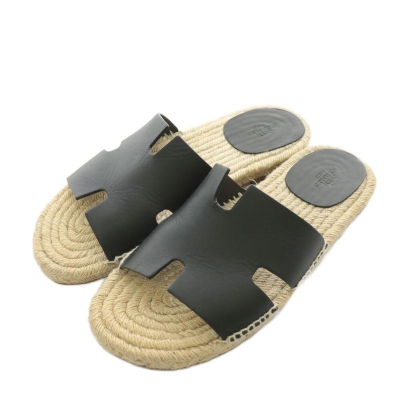 Hermes Antigua Sandals Espadrille Leather 41 Beige Black 201485zh AN4 AA