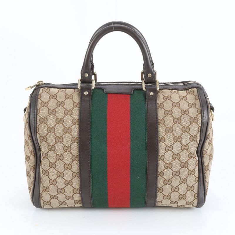 Gucci GG Canvas Sherry Line Leather Handbag Mini Boston 247205 Brown Women CCM