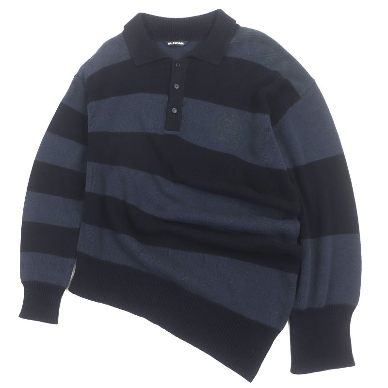 Balenciaga 657397 Asymmetrical Polo Stripe Knitted Sweater Navy Black XS Made
