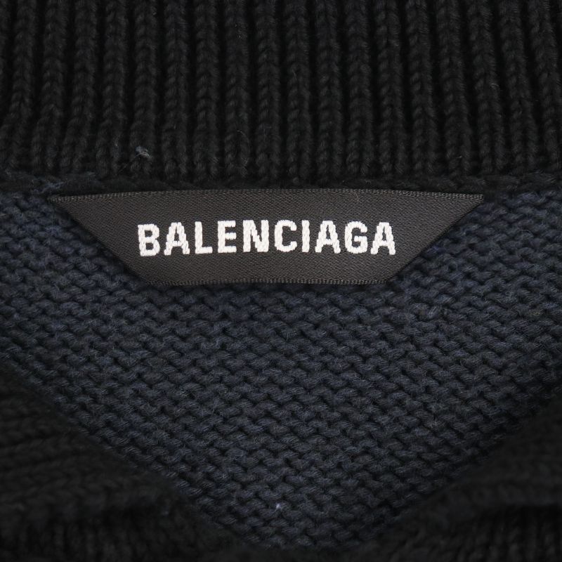 Balenciaga 657397 Asymmetrical Polo Stripe Knitted Sweater Navy Black XS Made