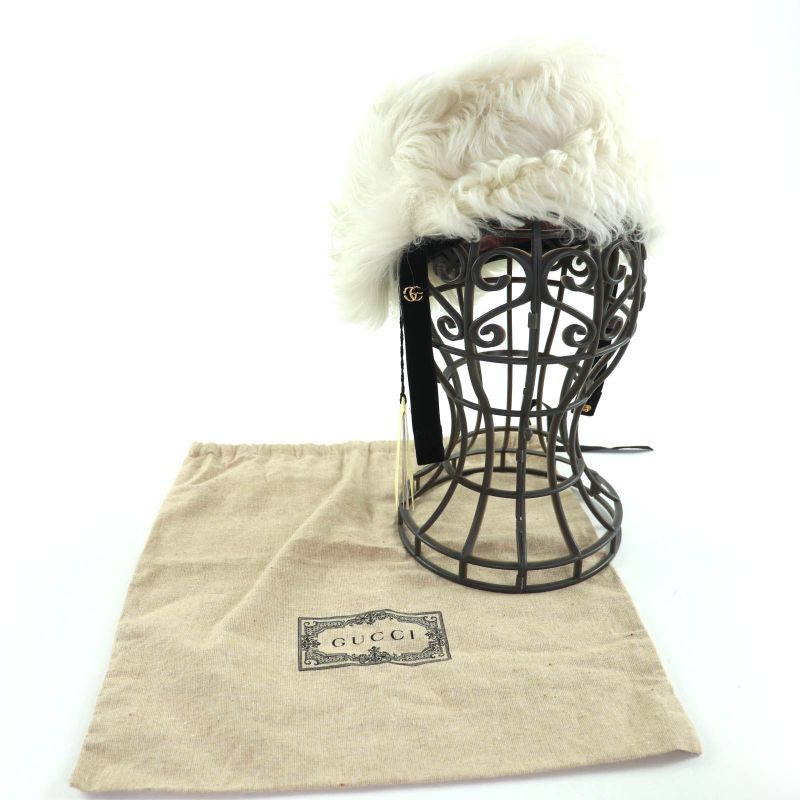 Gucci 763498 Sheepskin Gghardware Lamb Fur Hat Ivory M Storage With Bag Made In