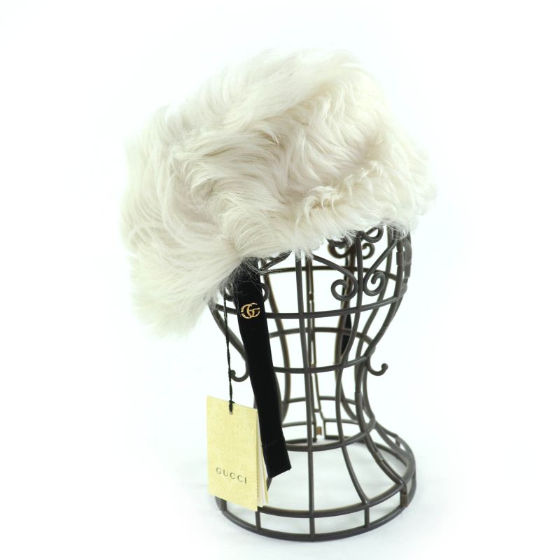 Gucci 763498 Sheepskin Gghardware Lamb Fur Hat Ivory M Storage With Bag Made In