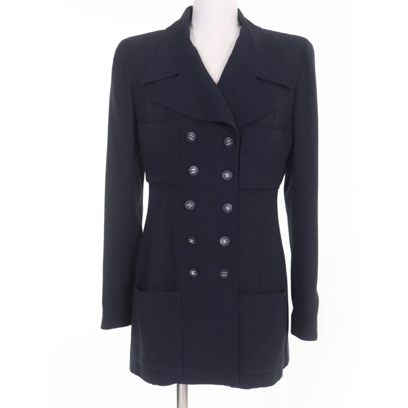 CHANEL Vintage 96P P06434v02954 100% Wool Coco Mark Button Jacket Dark Navy 38