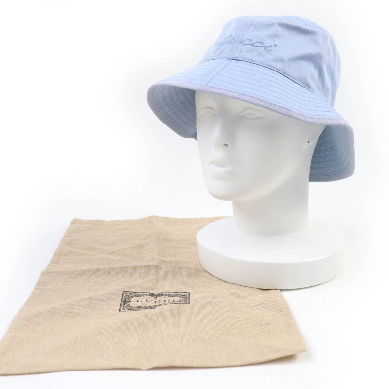 Gucci 24SS 782733 Logo Embroidered Bucket Hat Light Blue S Storage With Bag