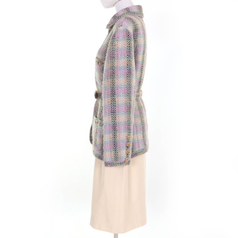 CHANEL Vintage 018 28363 90's Coco Mark Button Tweed Jacket With Belt Skirt