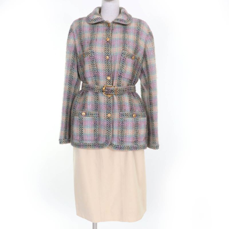 CHANEL Vintage 018 28363 90's Coco Mark Button Tweed Jacket With Belt Skirt