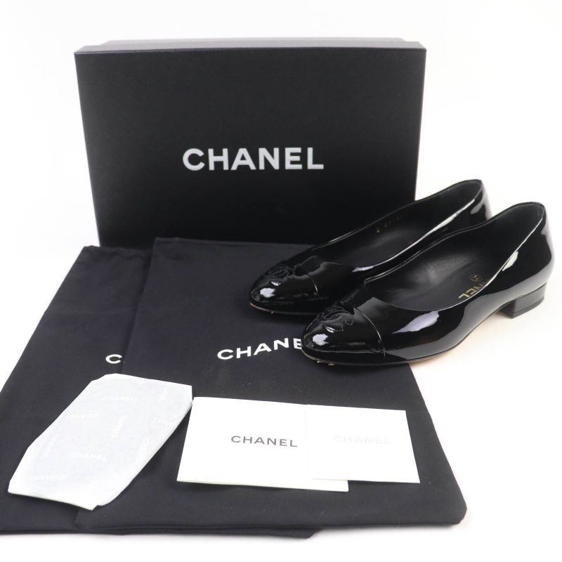 CHANEL 16C G31503 Coco Mark Patent Leather Flat Pumps Black 34.5 With Box And