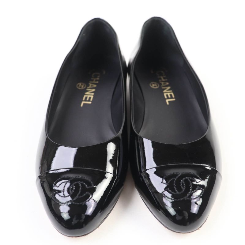 CHANEL 16C G31503 Coco Mark Patent Leather Flat Pumps Black 34.5 With Box And