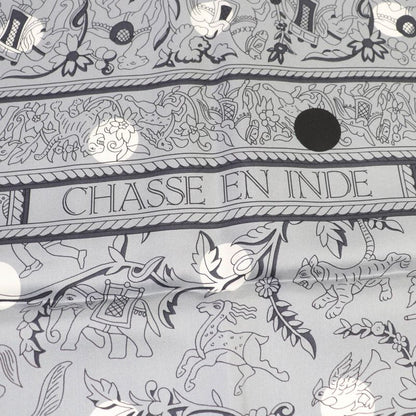 Hermes Carre Geant Carre 140 Indian Hunting 100% Silk Gris/blanc Scarf With Box