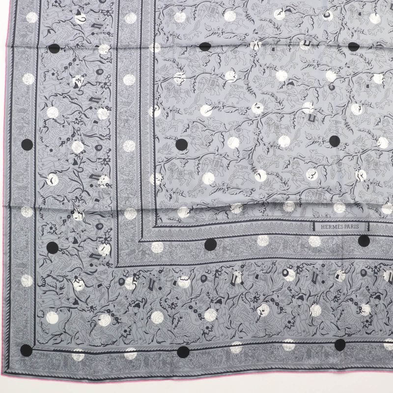 Hermes Carre Geant Carre 140 Indian Hunting 100% Silk Gris/blanc Scarf With Box