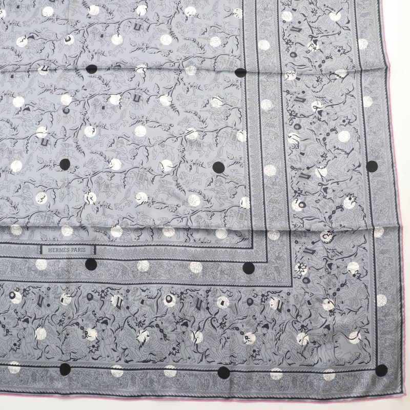 Hermes Carre Geant Carre 140 Indian Hunting 100% Silk Gris/blanc Scarf With Box