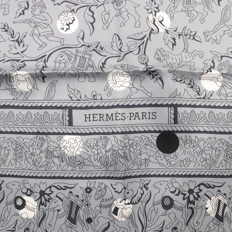 Hermes Carre Geant Carre 140 Indian Hunting 100% Silk Gris/blanc Scarf With Box