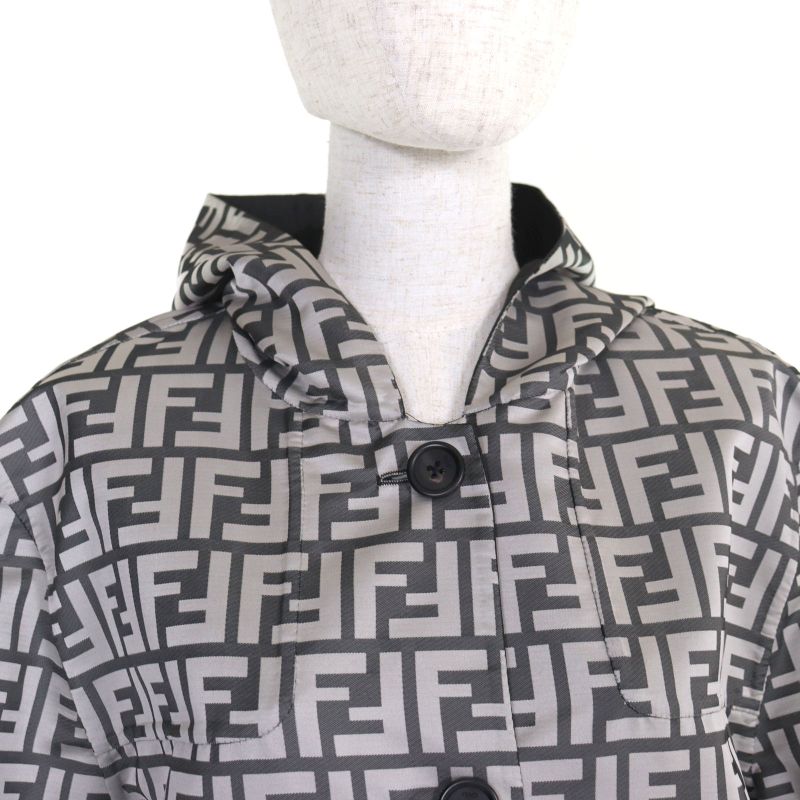 Fendi Ff0249 FF Logo Pattern Reversible Hooded Coat Grayish Black 46 With