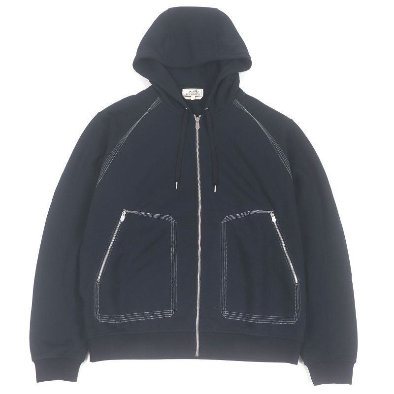 Hermes 24SS Piqures Cinetiques H Logo Zip Stitch Design Hoodie Navy L Made In