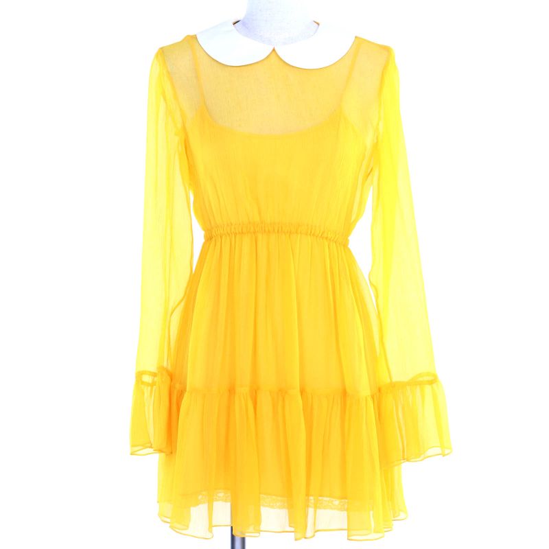 Gucci 728125 100% Silk Round Collar Chiffon Dress With Inner Lining Yellow 36