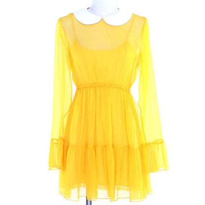 Gucci 728125 100% Silk Round Collar Chiffon Dress With Inner Lining Yellow 36