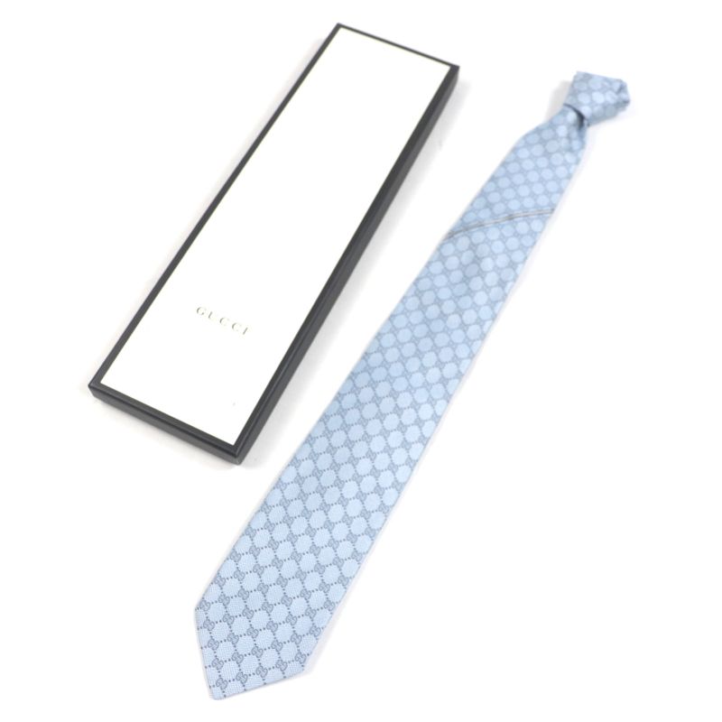 Gucci 562827 100% Silk Cravat GG Pattern Allover Tie Light Blue With Box Made