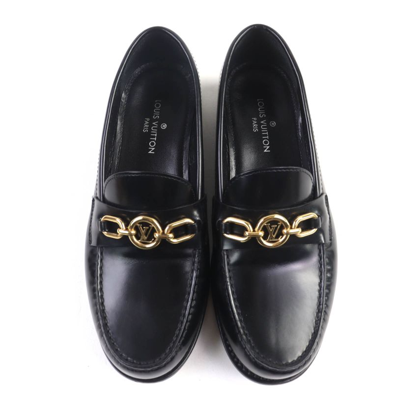 Louis Vuitton 1abiba Chess Loafer LV Circle Leather Shoes Black Gold Hardware