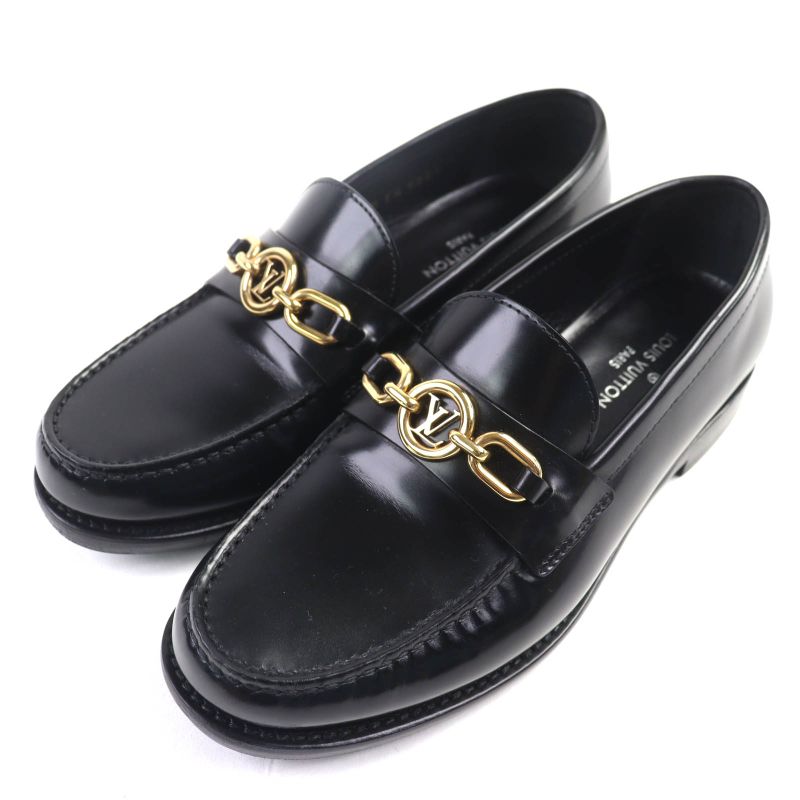 Louis Vuitton 1abiba Chess Loafer LV Circle Leather Shoes Black Gold Hardware