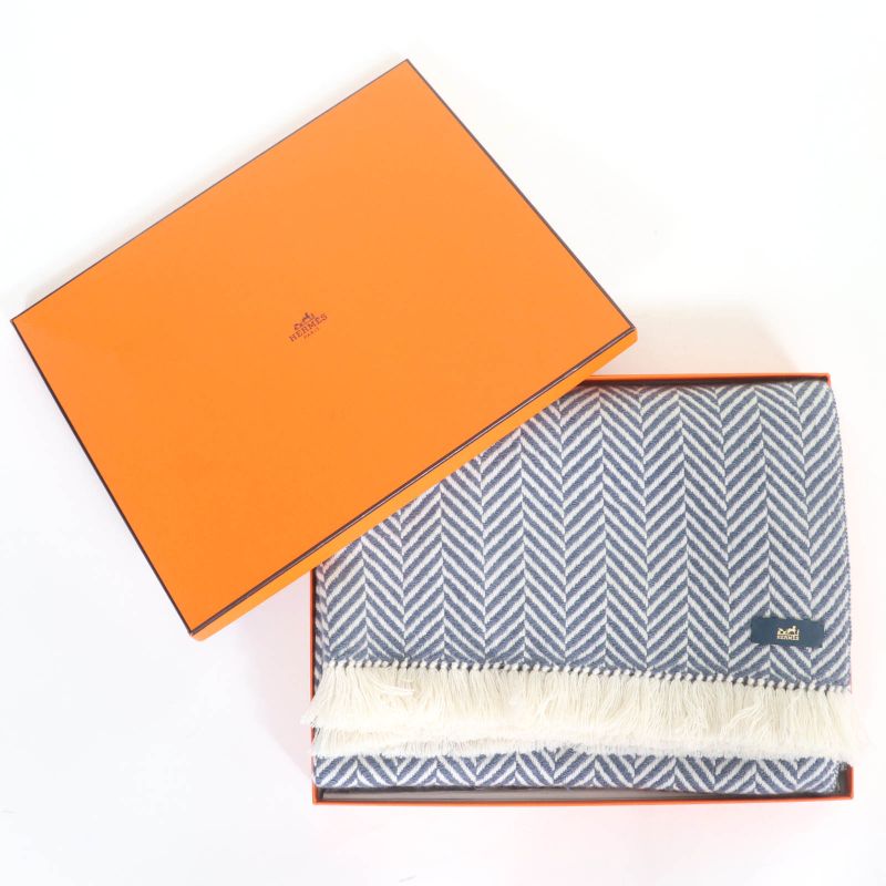 Hermes 100% Cashmere Chevron Patterned Large Scarf Shawl With Cowhide Blunt