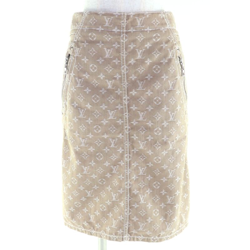 Louis Vuitton Rw071w Wksk02cf7 Cotton Monogram Denim Skirt With Logo Leather