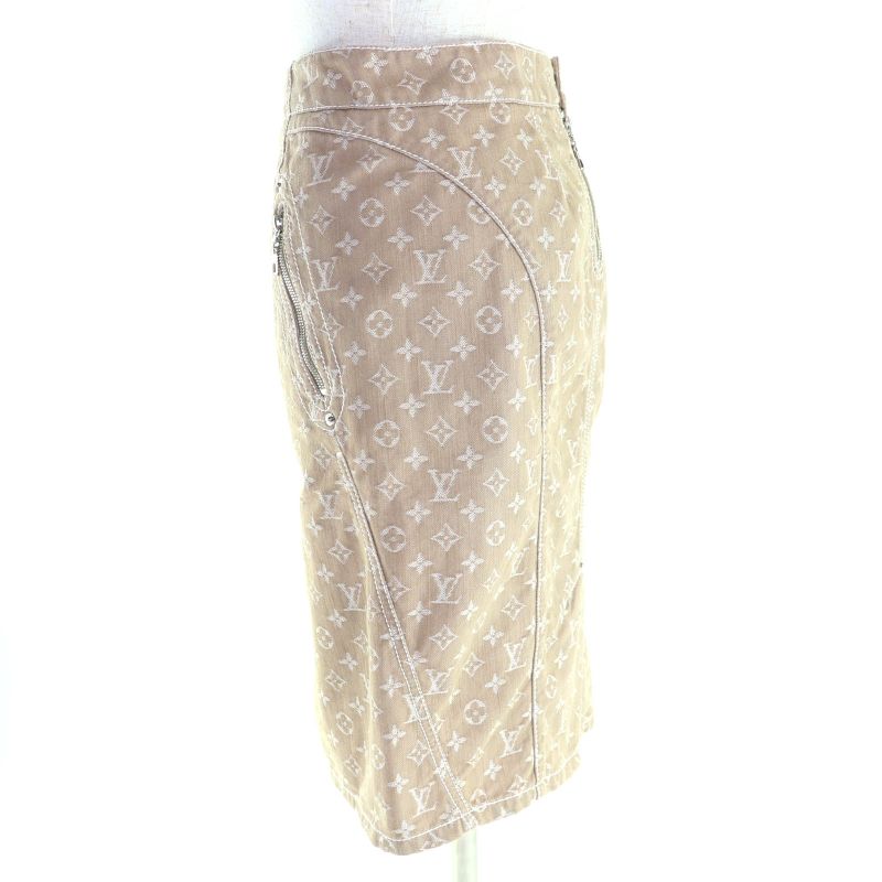 Louis Vuitton Rw071w Wksk02cf7 Cotton Monogram Denim Skirt With Logo Leather
