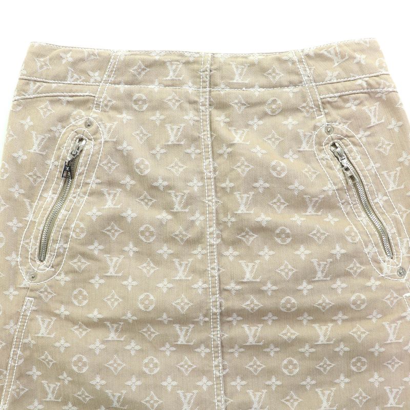 Louis Vuitton Rw071w Wksk02cf7 Cotton Monogram Denim Skirt With Logo Leather