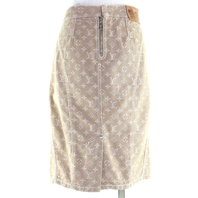 Louis Vuitton Rw071w Wksk02cf7 Cotton Monogram Denim Skirt With Logo Leather