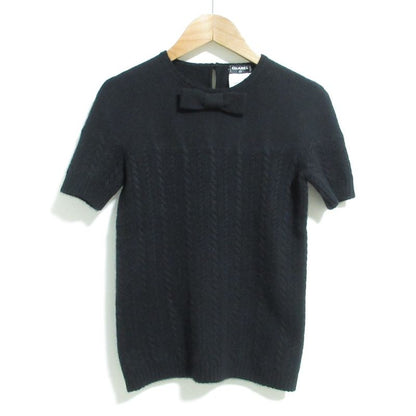 Chanel Cashmere Short Sleeve Ribbon Cable Knit Sweater P46758 Size 34 Black