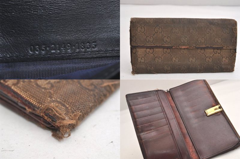 Gucci Bifold Long Wallet Canvas Leather Brown Black 5 Sets Junk 4143n