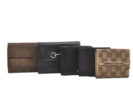 Gucci Bifold Long Wallet Canvas Leather Brown Black 5 Sets Junk 4143n