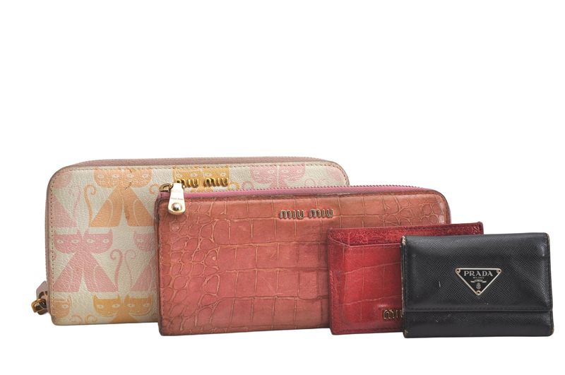 Miu Miu Prada Long Wallet Key Pass Case Leather Pink Red 4 Sets 4145n