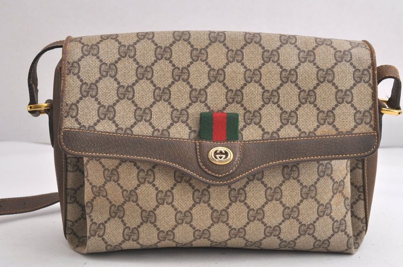 Gucci Web Sherry Line Shoulder Bag Ggpvc Leather Brown Junk 4203n