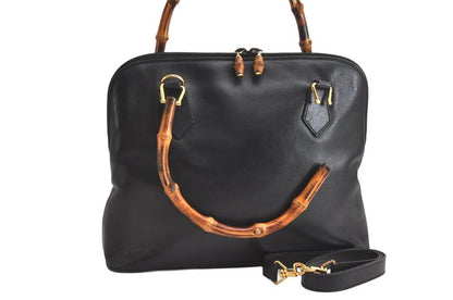 Gucci Vintage Bamboo 2way Shoulder Handbag Leather Black Junk 4219n