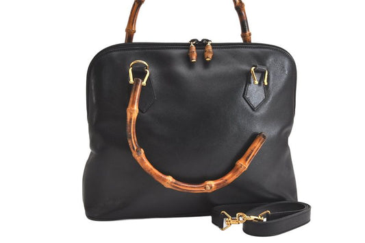 Gucci Vintage Bamboo 2way Shoulder Handbag Leather Black Junk 4219n