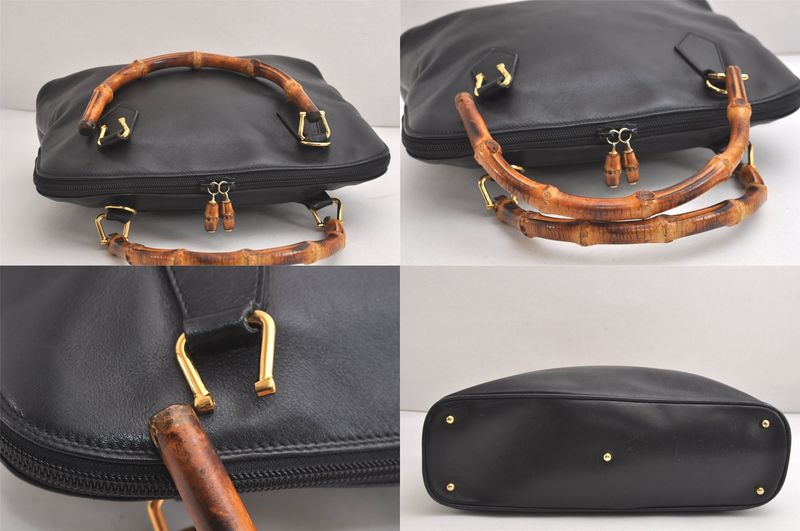 Gucci Vintage Bamboo 2way Shoulder Handbag Leather Black Junk 4219n