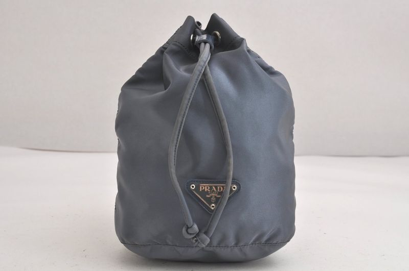 Prada Vintage Nylon Leather Drawstring Shape Pouch Wallet Blue 4223n