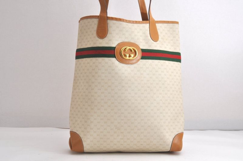 Gucci Web Sherry Line Micro GG Tote Bag Pvc Leather Beige 4269n
