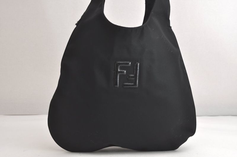 Fendi Vintage Shoulder Tote Bag Nylon Leather Black 4290n